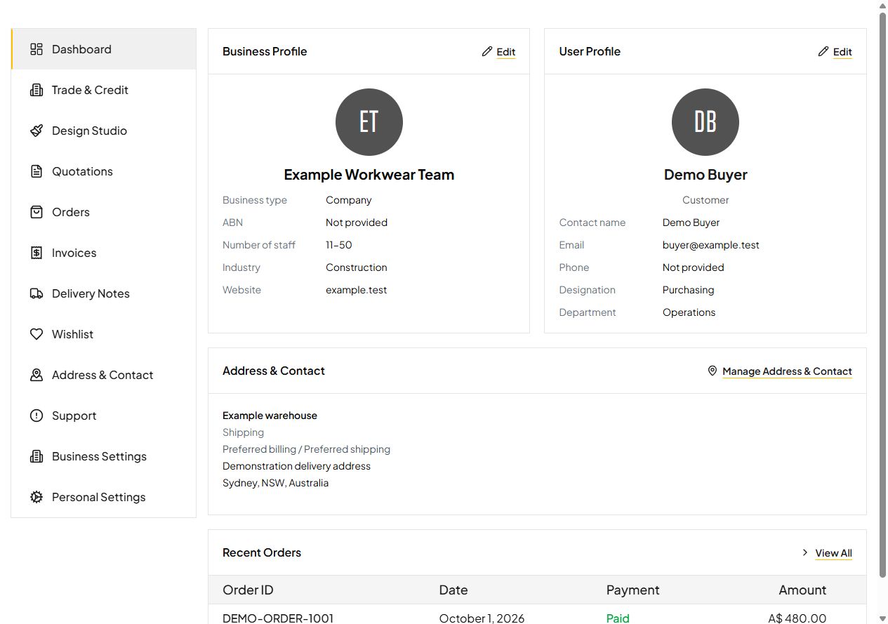 Business portal dashboard with company and user profiles, addresses, recent orders and account navigation