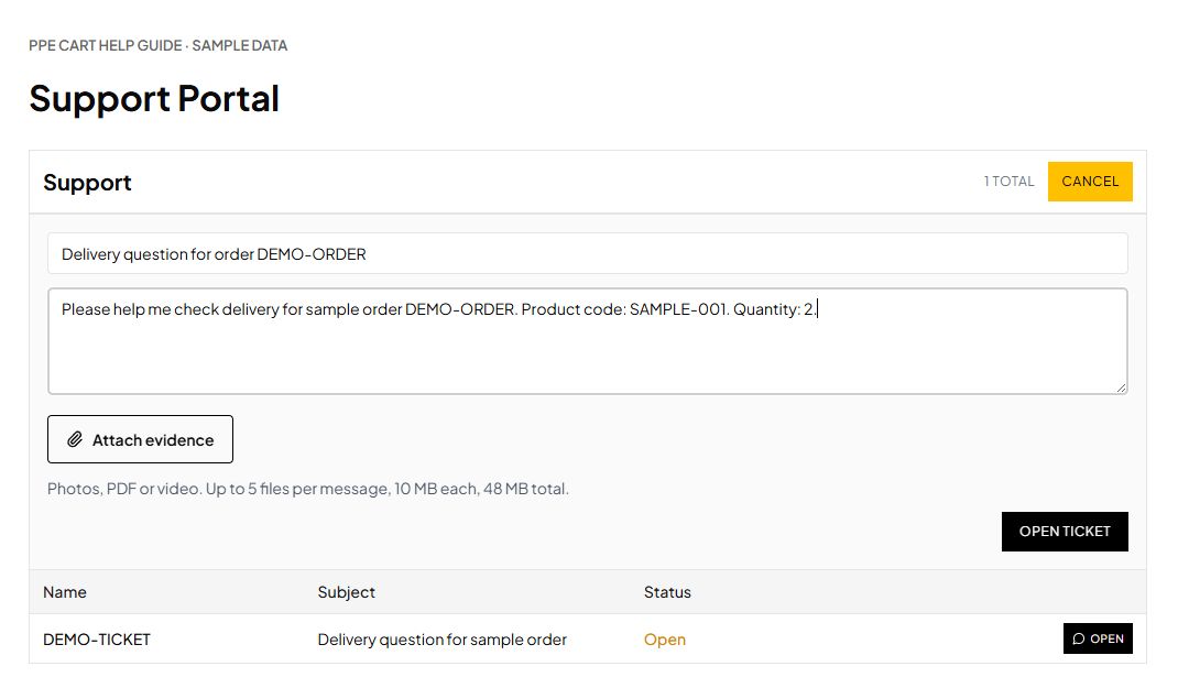 PPE CART support ticket form showing subject, description, attach evidence and Open ticket controls with sample details